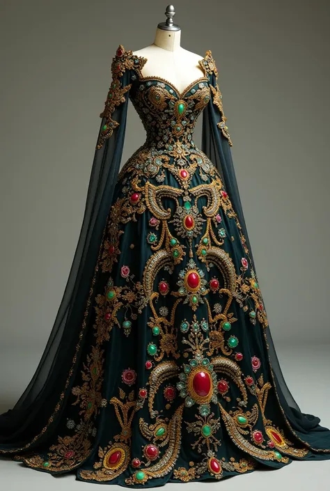 Female dress made up of  black diamond emrald and ruby  show me only the dress without the person add diamonds and gold pieces in it 