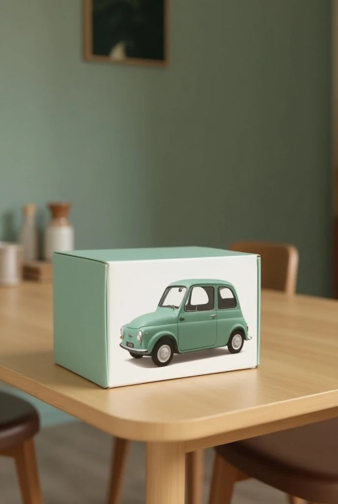 6x2x6x2 matte green and white cardboard box with images of a baby car in the box
And background of the dining table