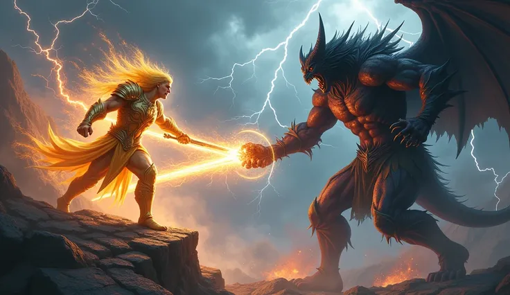 A hyper-realistic 4K scene showing an intense battle between a god and a demon atop a broken, rugged mountain peak under a stormy sky. The god is depicted with radiant, golden armor that shines with divine energy, his expression fierce and determined, wiel...