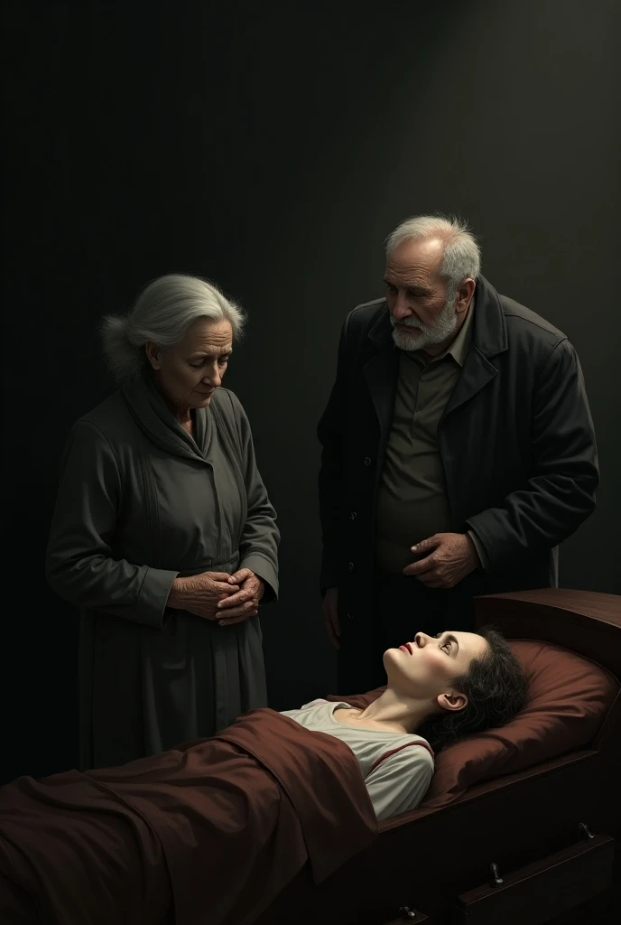 old man and woman seeing a woman in a coffin