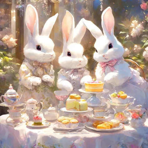 A white rabbit 、森の中でリスと afternoon tea をしながら会話をしています，Minuet,table、cute, fluffy fur ,masterpiece, rich colors,Best Quality,Official Art, fantasy,colorful, Restaurant, happy ,smile,最高にcute,happiness, Nice background ,Stylish decoration ,Sparkling,Beautiful li...