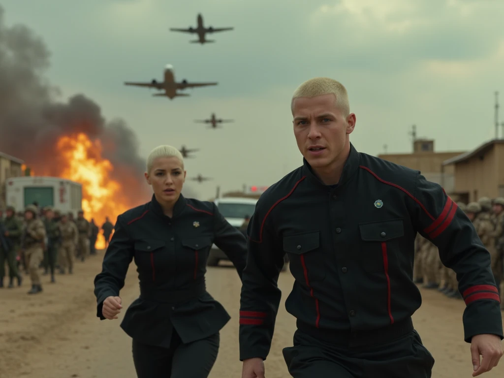 25-year-old albino woman ,  emerald green eyes ,  dressed in a black military uniform with red lines ,  next to a 25-year-old albino man with blue eyes ,  dressed in a black military uniform with red lines ,  running in the middle of a bombing ,  warplanes...