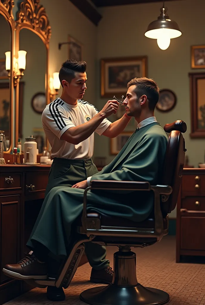 "Generate a hyper-realistic image of Cristiano Ronaldo, wearing his team football jersey, skillfully cutting a customer's hair in a classic, vintage-style vilege The scene should capture fine details like the barber tools in his hands, the expressions on both Ronaldo and the customer's faces, and the cozy ambiance of the barbershop with mirrors, chairs, and decor in the background."