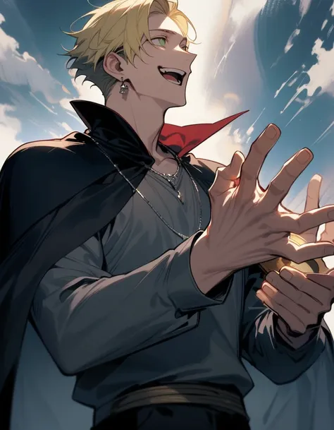 One person, Half body, one adult man, handsome, wearing a grey shirt with cloak, black long pants, two block haircut, sixpack, silver necklace, yellow hair, green eyes, gold earing, holding a red katana, Back view, Laughing at the Sky, looked up, open mout...