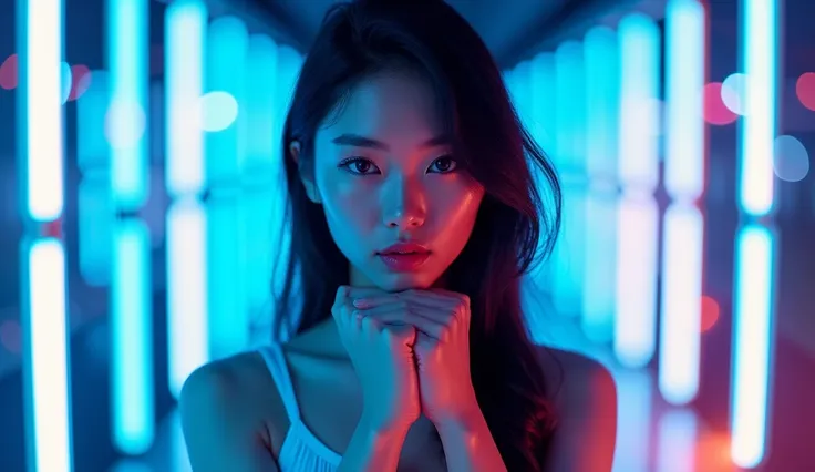 The beautiful young asian woman poses in the glare of white and blue neon lights, a determined face and eyes radiating passion.