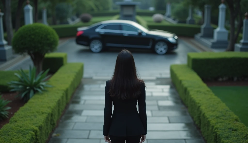 A thailang young lady wearing office  formal clothes standing in front of a cemetary turning her back  and a nice black sedan park on her side in a distance 
Camera is ariel view