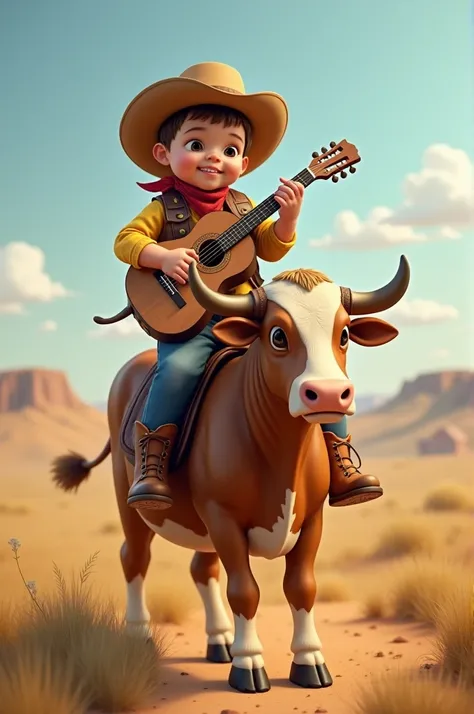 Create an image of a cowboy baby riding a cow playing the guitar