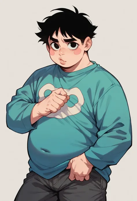  An adult drawn in the style Boku no hero , piel Blanca,  black eyes , with pants and a sweatshirt ,  short black hair, chubby, dark circles, rosy cheeks and lips.  That this would you be with a selfless look.