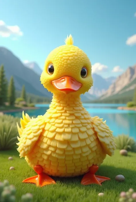  An ultra-realistic 3D image of a friendly and realistic LOOKING duck , and abstract ,  made entirely of fruits and vegetables .   The ducks feathers are modeled like small scales with a realistic texture effect, standing out one by one ,  shaped like bana...