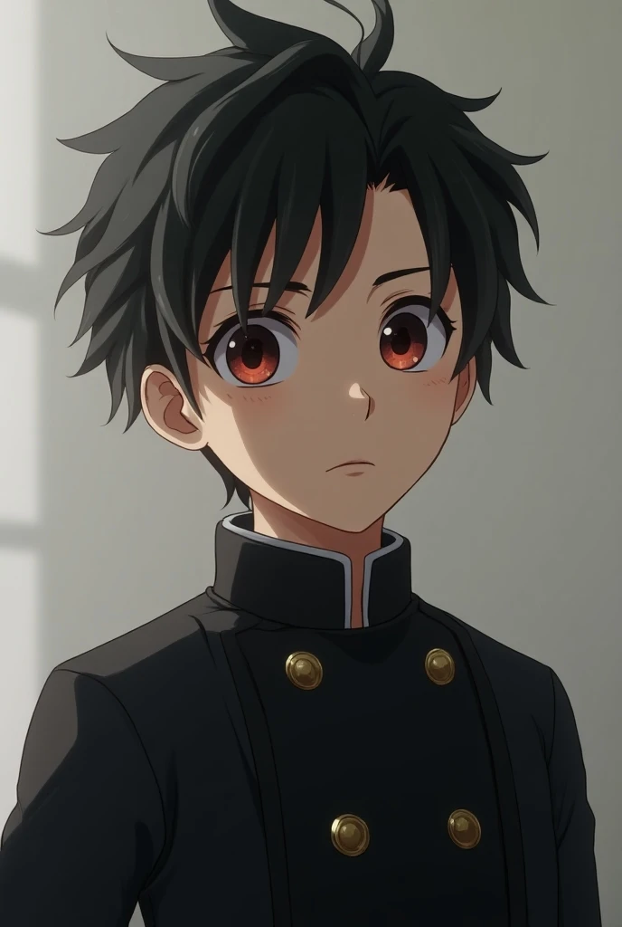  Shinya has short black hair with an ahoge ,  fair skin and gray eyes .  He wears a gakuran consisting of a black coat with a mandarin collar, five gold buttons ,  black pants and black dress shoes .  When in his murderous state ,  he will have bright red ...