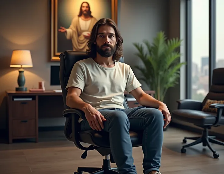 Jesus in casual and current clothes sitting in an office with a picture of God in the background 