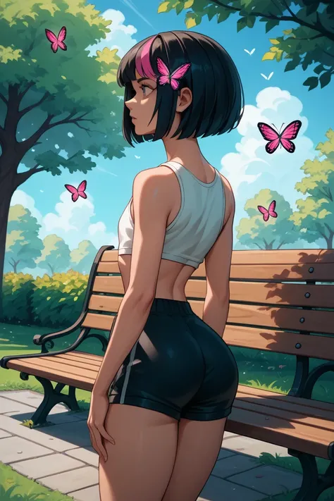 GameGirl , (black bob haircut) with pink streak highlights, 80s anime style, (flat chest), thighs, hips, small waist, park bench, biker shorts, cloudy day,  weak wilted plants, cracks in sidewalk, butterflies and daisies, sunlight shining on character, ass