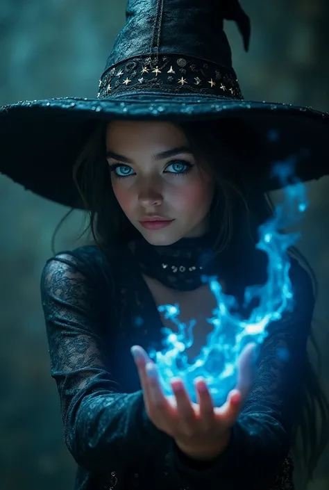 a gorgeous and elegant witch young girl, beautiful detailed eyes, deep blue vivid eyes, magic runes in the air, authority appearance, extremely detailed face, longeyelashes, elegant dress, natural lighting, fantasy, dark blue, glowing, detailed environment