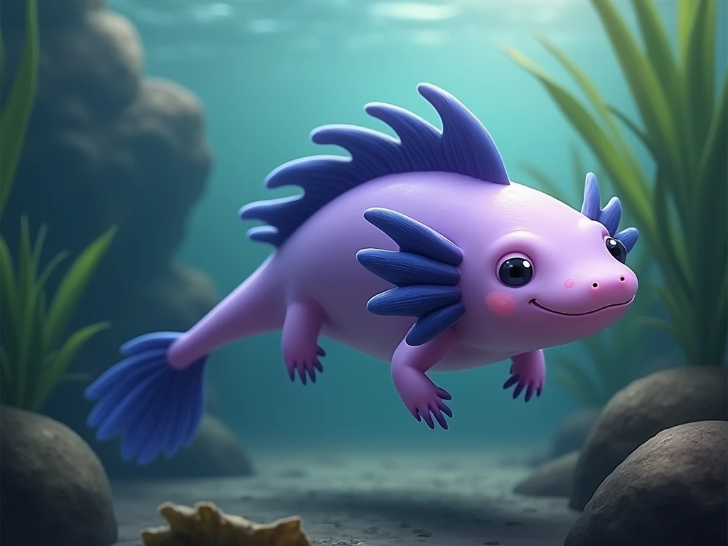 An axolotl with frilly external gills and a smooth body. The body is purple, while the gills, toes and edge of the tail are navy blue. It floats in a clear lake in Mexico. It has a slight smile and curious eyes, with aquatic plants and soft sunlight filter...