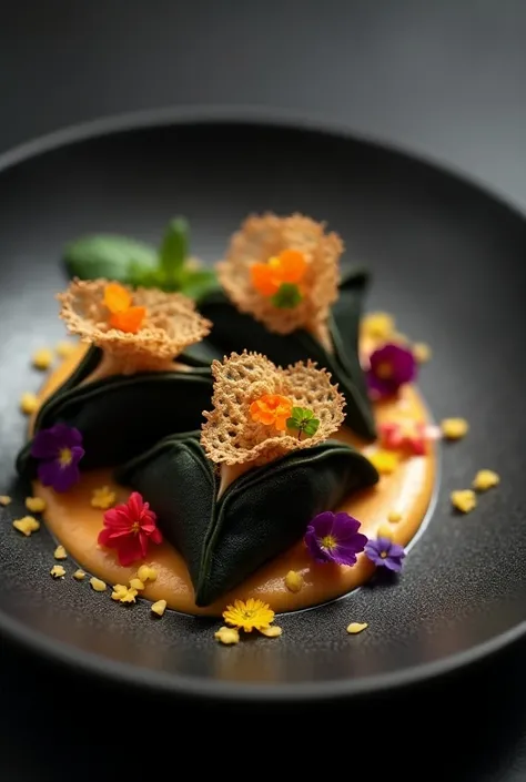 Guioza Black with tuile over huacaina cream mounted on black ceramic with nasturtium and edible flowers 