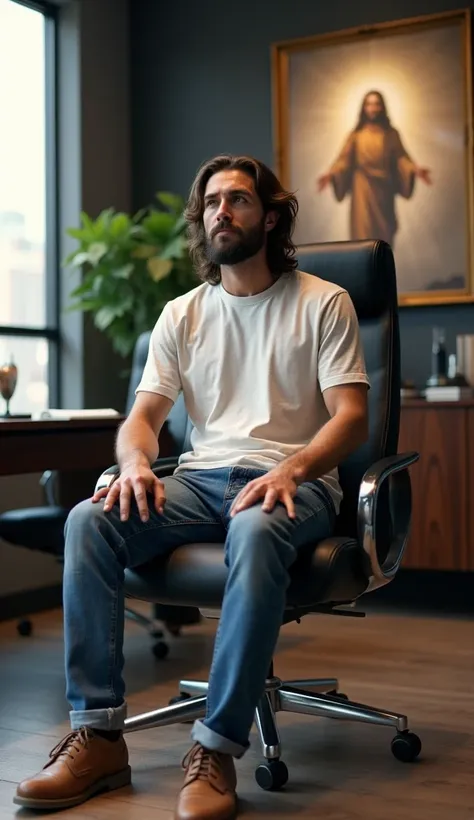 Jesus in casual and current clothes sitting in an office with a picture of God in the background 