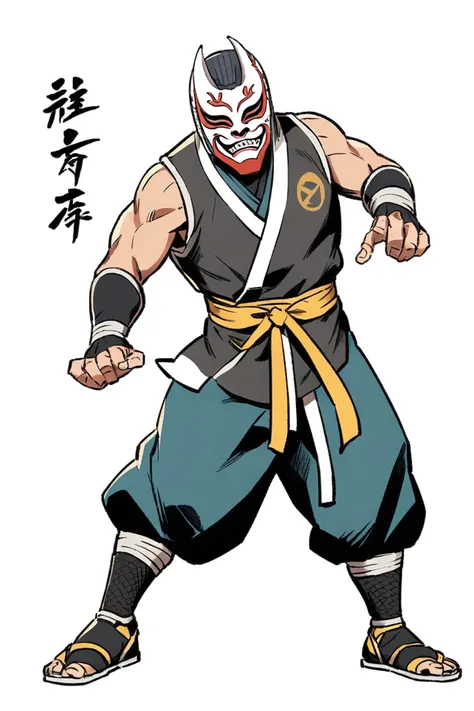 ninja that could appear in the cyberpunk ninja action novel "Ninja Slayer.", ((white background illustration)), (full-body illustration), Wearing a Hannya mask, Kung Fu Master.