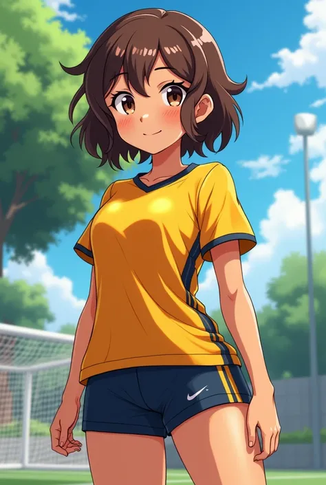 Make an anime-style illustration of an almost fat teenage girl with brown skin wearing lycra shorts showing her legs and soccer shirt 