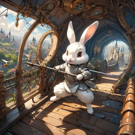 (masterpiece, best quality: 1.2),，, rabbit , (( fencer)), ((fencing)),fantasy,Disney style（（masterpiece full of fantasy elements）））， （（best quality））， （（Intricate details））（8k）,on the edge of plane