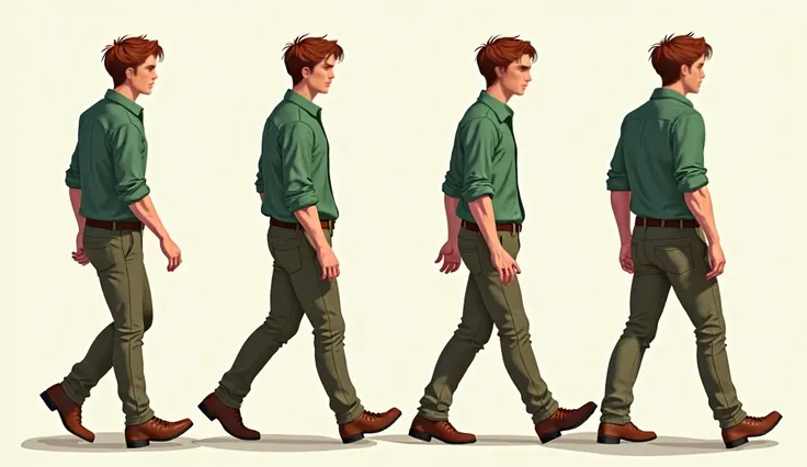 (best quality,4k,8k,highres,masterpiece:1.2),ultra-detailed, 1Man, Irish god Aengus Óg as a college student, dark auburn hair, green button up shirt, casual pants, 4 walking poses, Arms to the sides, full body , legs visible, walking away from the viewer, ...