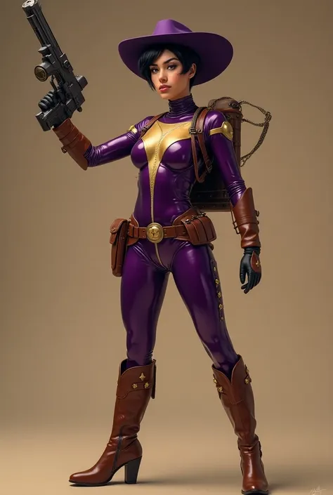 in a Ultra Panavision 70 style depict in a full body shot of a female space adventurer wearing a shiny futuristic bodysuit that is a deep vibrant purple with a wide gold stripe down the front, it has a high collar unzipped around the neck. she has short bl...