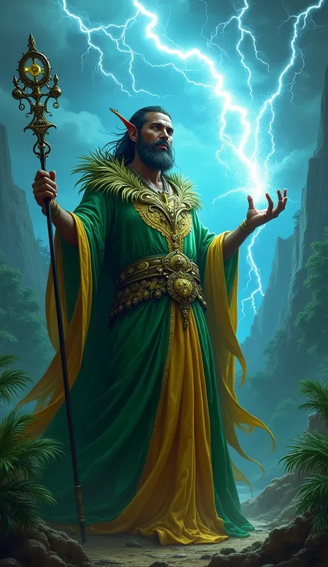 " A powerful magician with an imposing appearance ,  with features inspired by the folklore and nature of Brazil .  He wears a green and yellow robe adorned with Thunder and electrical energy symbols ,  with details inspired by tropical trees and leaves . ...