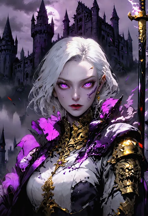 Light and dark light ,  Caucasian vampire  ,  long fangs, high, He has freckles,annoyed,  white hair with a purple tuft ,  she carries a golden spear .  Vampire wears elegant armor. (Backgroud )  In the background you can see a ruined castle , big, imposin...