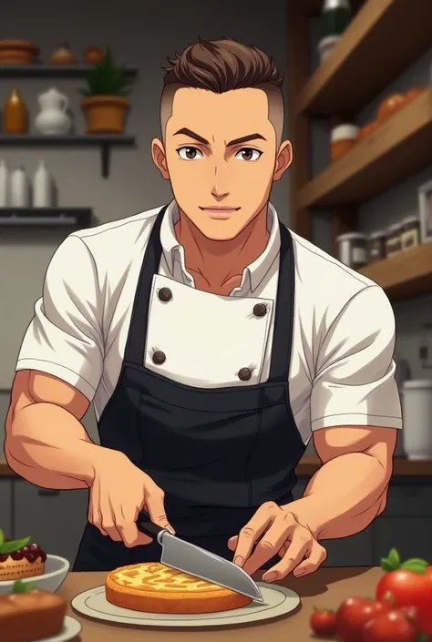 Anime Man in his 40s Looking Good Looking Asian Dark Brown Eyes Needle-Brown Hair Skinhead Good Body Profession Pastry Chef Background