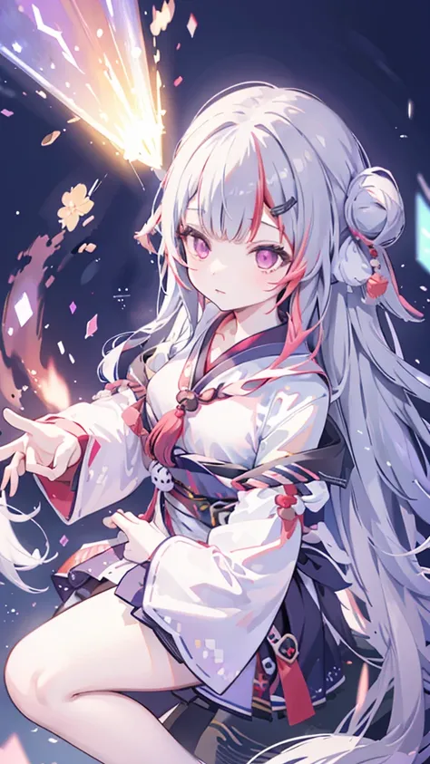 A handsome Chinese girl,  sharp eyes ,  clear facial features , Wearing Hanfu, Battle stance, Martial Arts Action, The body is surrounded by purple mist, Surrounding Runes, Holographic Reality, Holographic Aura,  motion blur ,  Game Light Effects , edge li...