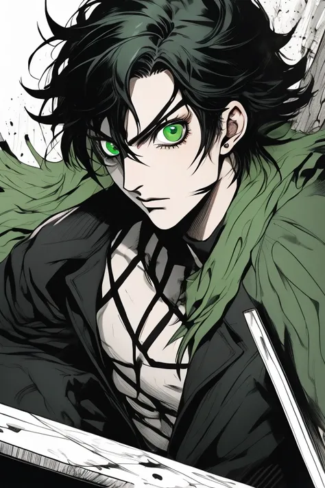 cartoon, cold look, psychopath look, green eye, messy hair, black hair, looking left, the coffin of andy and leyley