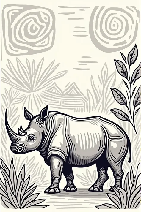 Create a simple batik sketch inspired by the cultural elements of Banten, Indonesia. Focus on motifs like the Javan rhinoceros, native Banten flora (such as leaves or endemic flowers), and simple geometric patterns inspired by traditional Banten architectu...