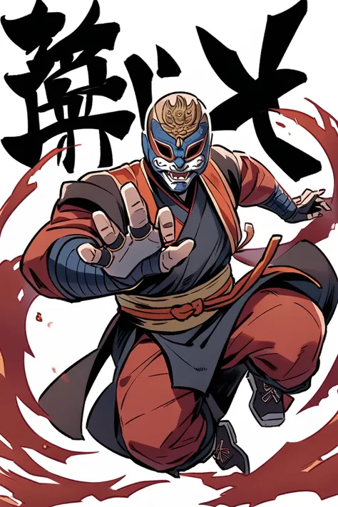 ninja that could appear in the cyberpunk ninja action novel "Ninja Slayer.", ((white background illustration)), (full-body illustration), Wearing a Hannya mask, Kung Fu Master.