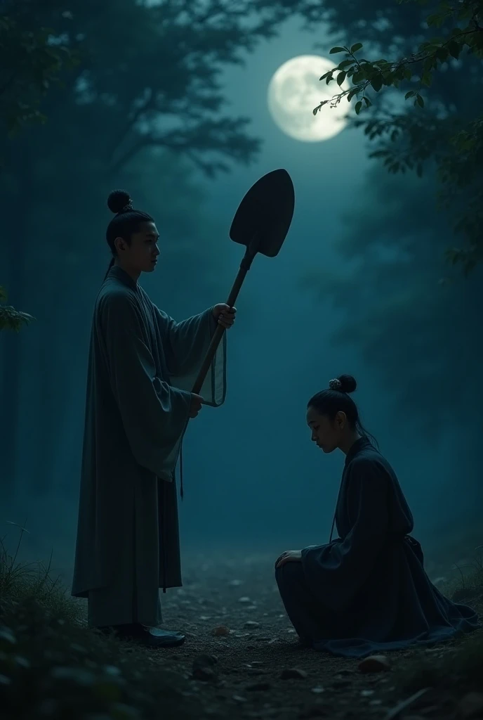 In an ancient setting, a scholarly young man stands in the quiet of the night. As the forest around him is shrouded in darkness, the faint glow of the moonlight flickers through. The young man, holding a shovel in his hand, is about to strike his wife on t...