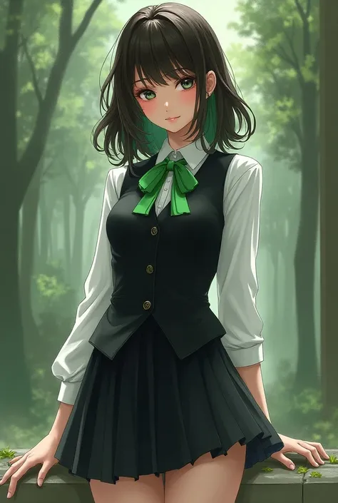 , the painting style is full、woman、Age: 20、 The length of the hair is up to the shoulders、The color of the hair is dark brown 、Hair highlights are green 、 bangs are long enough to fit your eyes、 hair is fluffy 、Droopy eyes、Eye color is green、smile、 long sl...