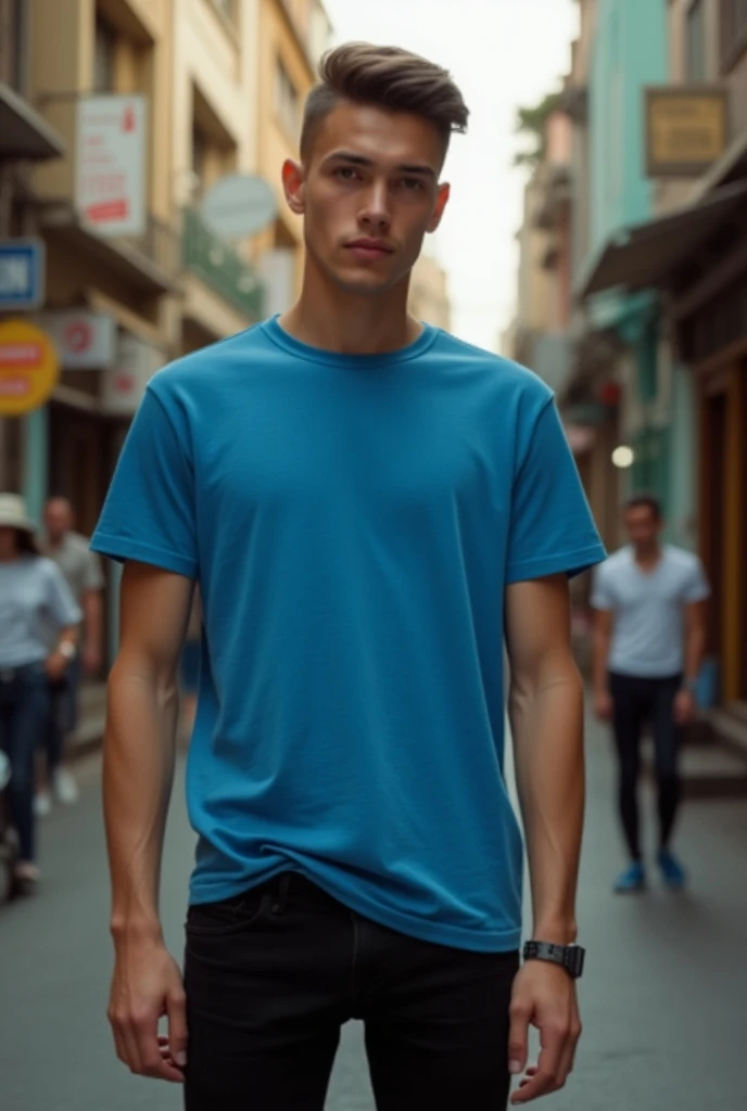 A young man outside in town wearing black panties and a blue tshirt.
