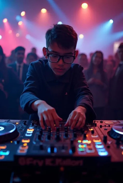 Young DJ with glasses,  at an event with adults, with sound ,  console and small lights . 