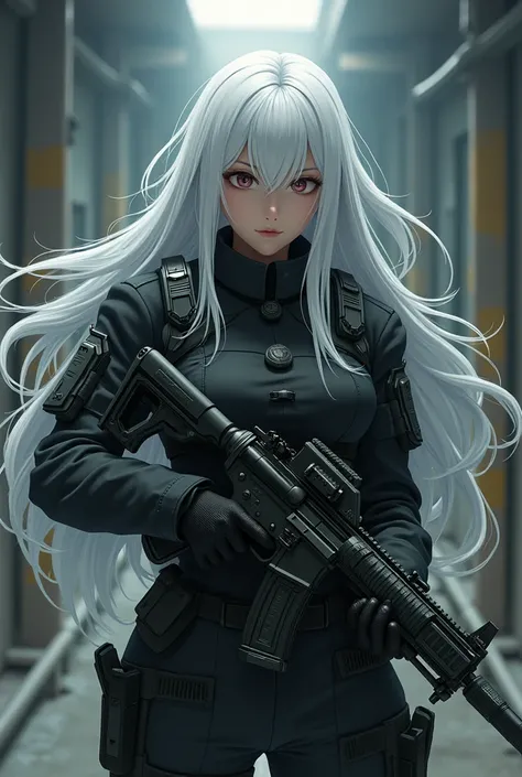 Generate a military girl from the Russian SCP Foundation with long white hair Anime with a taller and more stocky weapon