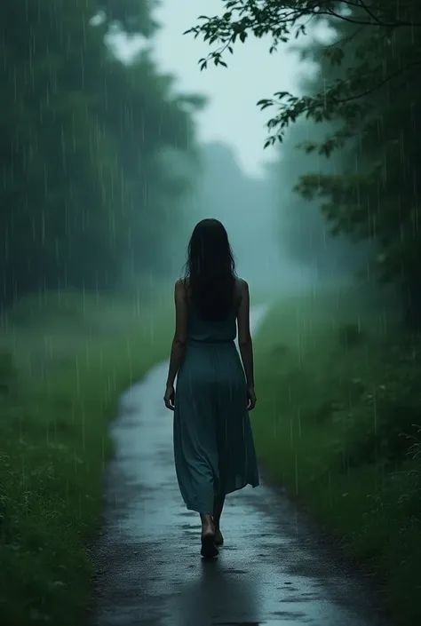 A woman walks on a single path with a drizzle of rain