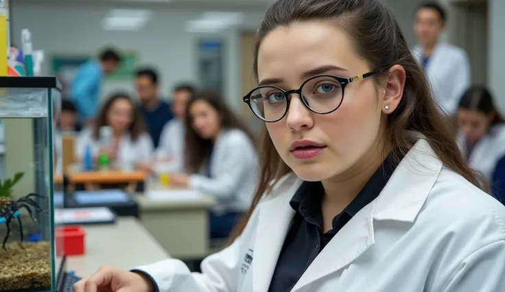 Hyperrealistic and detailed full-body Longford photo of a chubby girl in a science experiment room at the college, with nerd glasses , wearing a white lab coat, and several people in room , shes carrying out a science experiment on the , next to you is an ...