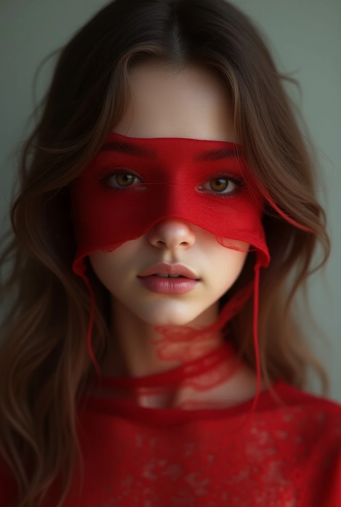 A beautiful girl wears a red cloth covering her eyes