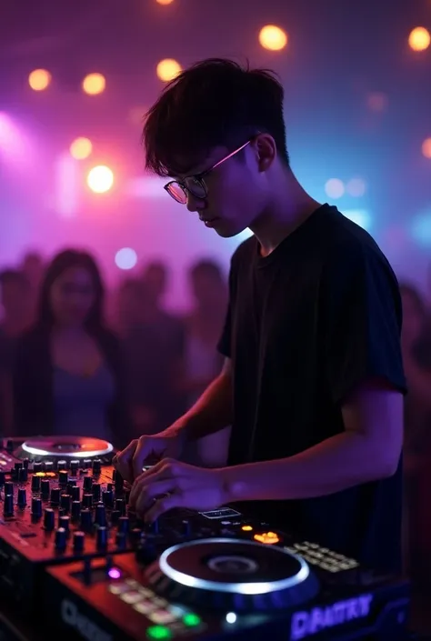 24-year-old DJ with glasses,  at an event with adults, with sound ,  console and small lights . 