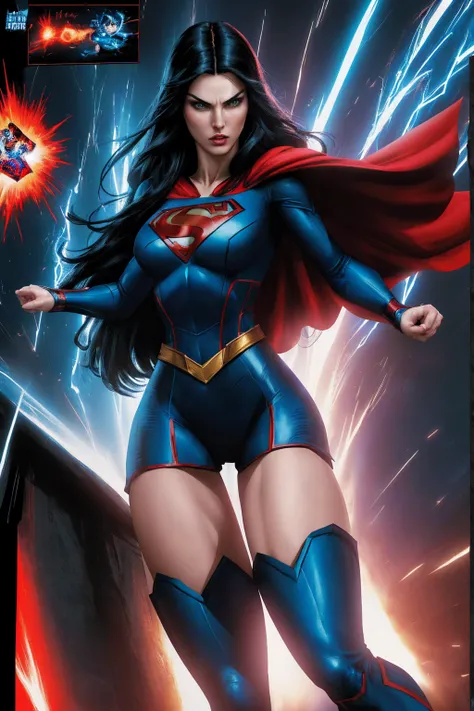 A woman with long black hair and blue eyes, wearing a red and blue superhero costume, powerful superhero pose, dynamic action scene, (best quality,4k,8k,highres,masterpiece:1.2),ultra-detailed,(comics,photocomic,photo-comic:1.37),cinematic lighting,dramati...