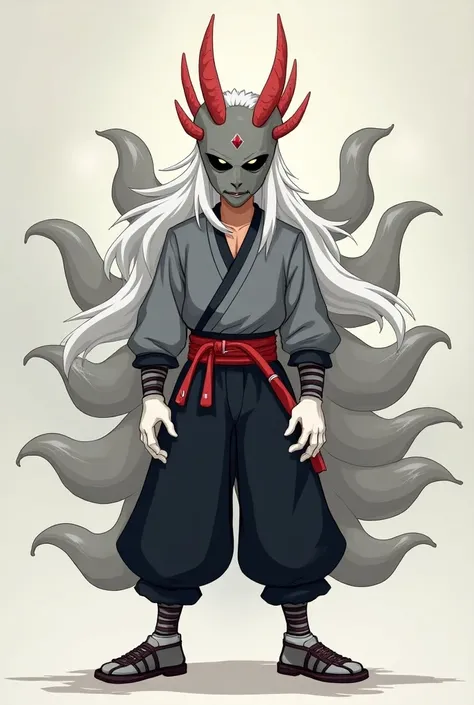 (1male, solo) faceless, mask (grey face mask, red lining with two horn/)white hair, long hair, black samurai pants, fox cars, nine fox tails, grey top shirt with red lining, white gloves, samurai shoes, animated cartoon style