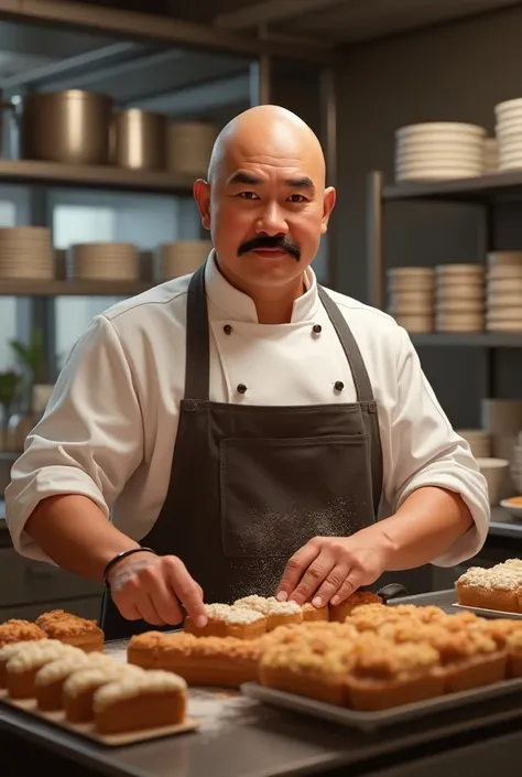 Aapa, a bald Asian, about 40, with a bit of a mustache, a nice figure, is a pastry chef, the background is a kitchen