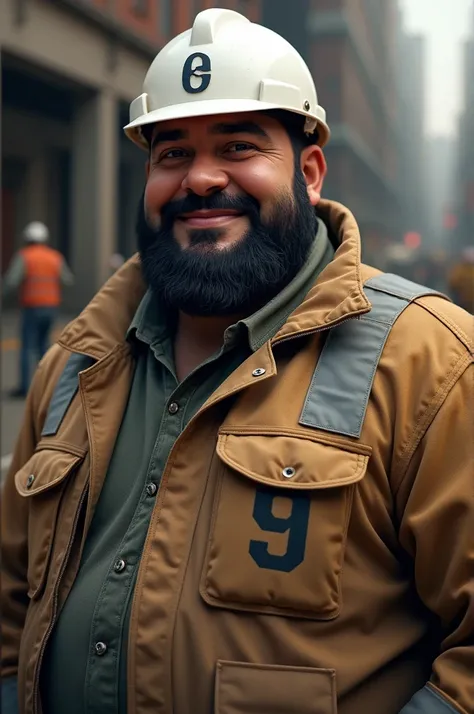 Chubby Latino man with beard between 40 and 50 years old wearing a jacket with number 9 and white civil engineer helmet 