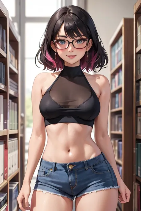 masterpiece, best quality, shadows, perfect hands, perfect legs, perfect anatomy, pretty face, pretty body, mature features, small waist, pretty thighs, portrait, 1 girl, black siren eyes, black straight long hair, tight blue jeans, pink crop top, glasses,...