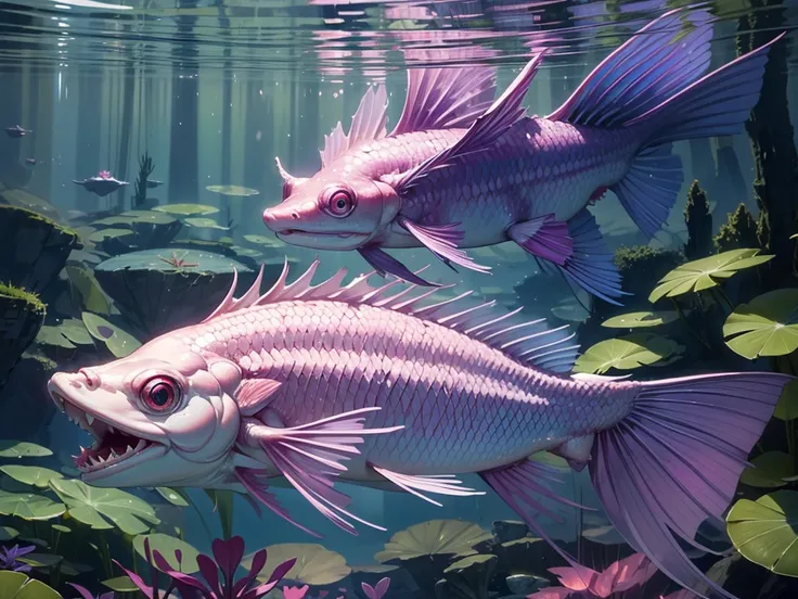 An axolotl with frilly external gills and a smooth body. The body is purple, while the gills, toes and edge of the tail are navy blue. It floats in a clear lake in Mexico. It has a slight smile and curious eyes, with aquatic plants and soft sunlight filter...