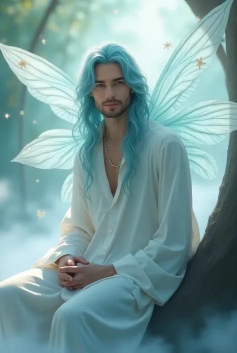 Beautiful man, silk most long blue Aqua hair, silver eyes, soft gaze, soft smile, white shirt long slave, sit on big tree, a book on his hand, transparant six wings in his back, small Fairy figure around his, white cloud background.