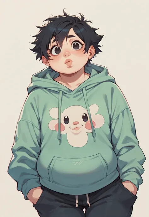  An adult drawn in the style Boku no hero , a white-skinned girl,  black eyes , with pants and a sweatshirt ,  short black hair, chubby, dark circles, rosy cheeks and lips.  That this would you be with a selfless look.