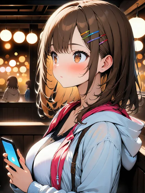 1girl, (medium hair), (shoulder length hair:1.2), wavy brown hair, colorful hairpins, (bright expressive brown eyes), (big breasts:0.7), (petite), Casual clothing, (hooded jacket), operate smartphone, looking away, (masterpiece, ultra quality, best Quality...